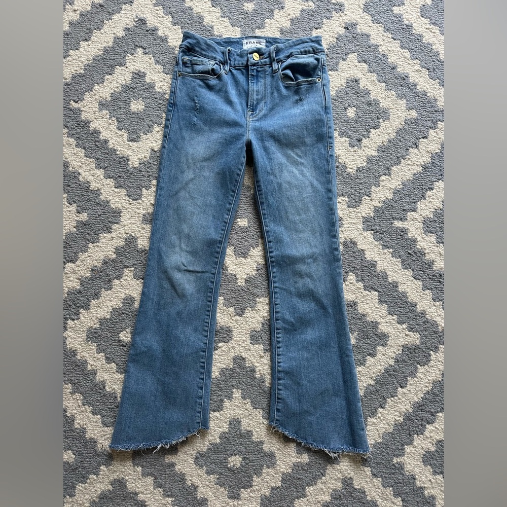 Frame Le Crop Mini Boot Denim Flare Jeans with Raw Hem, size 24